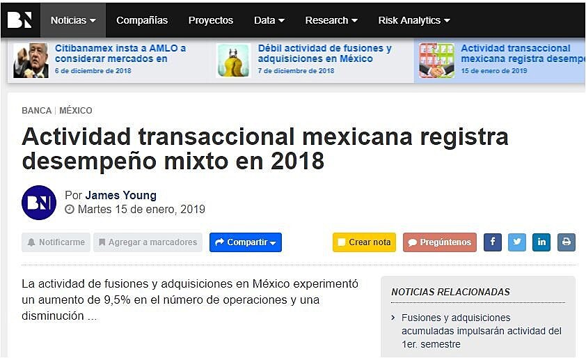 Actividad transaccional mexicana registra desempeo mixto en 2018